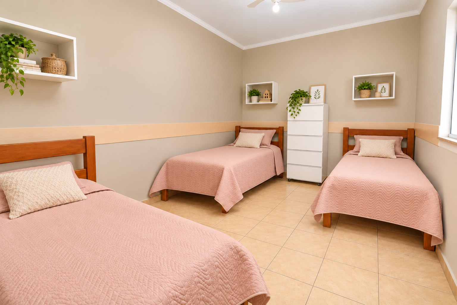Quarto com três camas da Unidade 01 da Casa Laércia